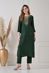 Bottle Green Silk Dabka Work Suit- Set of 3