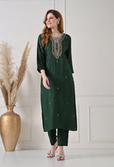 Bottle Green Silk Dabka Work Suit- Set of 3