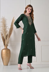 Bottle Green Silk Dabka Work Suit- Set of 3