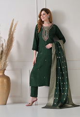 Bottle Green Silk Dabka Work Suit- Set of 3