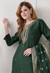 Bottle Green Silk Dabka Work Suit- Set of 3