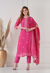 Pink Muslin Embroidered Suit - Set of 3