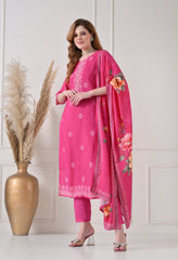 Pink Muslin Embroidered Suit - Set of 3