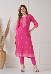 Pink Muslin Embroidered Suit - Set of 3