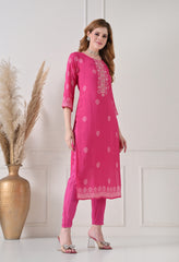 Pink Muslin Embroidered Suit - Set of 3