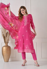 Pink Muslin Embroidered Suit - Set of 3