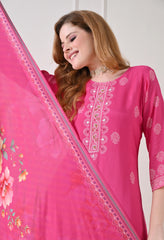 Pink Muslin Embroidered Suit - Set of 3