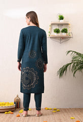 Blue Digital Print Woolen Suit (with Shawl) with Zari and Beads Work Detailing - Set of 3