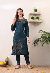 Blue Digital Print Woolen Suit (with Shawl) with Zari and Beads Work Detailing - Set of 3