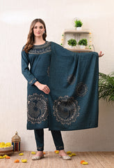 Blue Digital Print Woolen Suit (with Shawl) with Zari and Beads Work Detailing - Set of 3