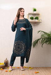 Blue Digital Print Woolen Suit (with Shawl) with Zari and Beads Work Detailing - Set of 3