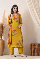Yellow Orange Ombre Digital print Crepe Embroidered Suit - set of 3