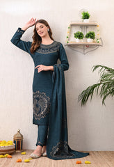 Blue Digital Print Woolen Suit (with Shawl) with Zari and Beads Work Detailing - Set of 3