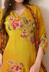 Yellow Orange Ombre Digital print Crepe Embroidered Suit - set of 3