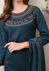 Blue Digital Print Woolen Suit (with Shawl) with Zari and Beads Work Detailing - Set of 3