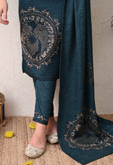 Blue Digital Print Woolen Suit (with Shawl) with Zari and Beads Work Detailing - Set of 3