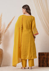 Yellow Mustard Mul Chanderi Zari Embroidered Suit- Set of 3