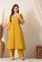 Yellow Mustard Mul Chanderi Zari Embroidered Suit- Set of 3