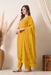 Yellow Mustard Mul Chanderi Zari Embroidered Suit- Set of 3