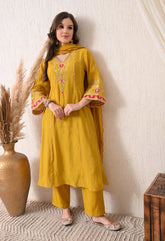 Yellow Mustard Mul Chanderi Zari Embroidered Suit- Set of 3