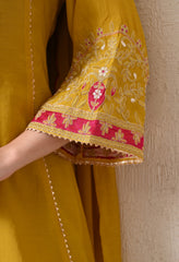 Yellow Mustard Mul Chanderi Zari Embroidered Suit- Set of 3