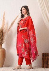 Red Magenta Ombre Crepe Embroidered Suit - set of 3