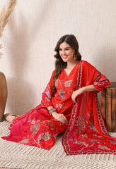 Red Magenta Ombre Crepe Embroidered Suit - set of 3