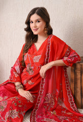 Red Magenta Ombre Crepe Embroidered Suit - set of 3