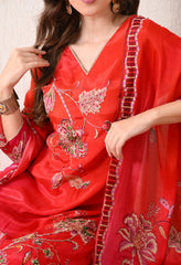 Red Magenta Ombre Crepe Embroidered Suit - set of 3