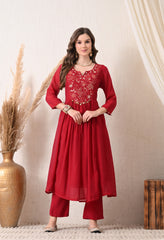 Maroon Silk Chanderi Embroidered Anarkali Suit- Set of 3