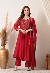 Maroon Silk Chanderi Embroidered Anarkali Suit- Set of 3