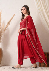 Maroon Silk Chanderi Embroidered Anarkali Suit- Set of 3