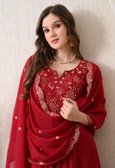 Maroon Silk Chanderi Embroidered Anarkali Suit- Set of 3