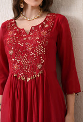 Maroon Silk Chanderi Embroidered Anarkali Suit- Set of 3