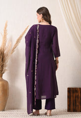 Purple Silk Chanderi Embroidered Anarkali Suit- Set of 3