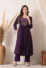 Purple Silk Chanderi Embroidered Anarkali Suit- Set of 3