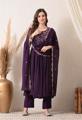 Purple Silk Chanderi Embroidered Anarkali Suit- Set of 3