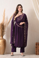 Purple Silk Chanderi Embroidered Anarkali Suit- Set of 3