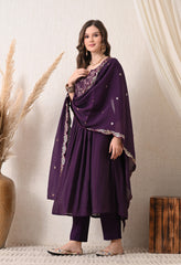 Purple Silk Chanderi Embroidered Anarkali Suit- Set of 3
