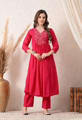 Magenta Silk Chanderi Embroidered Anarkali Suit- Set of 3