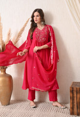 Magenta Silk Chanderi Embroidered Anarkali Suit- Set of 3
