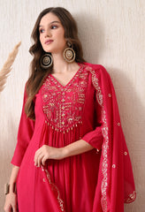 Magenta Silk Chanderi Embroidered Anarkali Suit- Set of 3