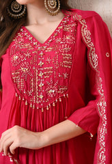 Magenta Silk Chanderi Embroidered Anarkali Suit- Set of 3