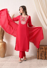 Magenta Modal Silk Embroidered Suit- Set of 3