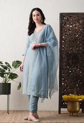 Powder Blue Soft Shimmer Silk Suit- Set of 3