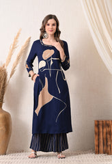 Blue Cotton Modal A-Line Digital Print Suit- Set of 3