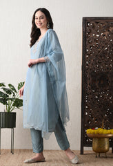 Powder Blue Soft Shimmer Silk Suit- Set of 3