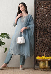 Powder Blue Soft Shimmer Silk Suit- Set of 3