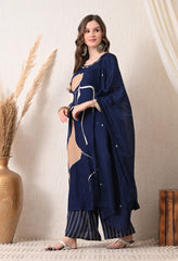 Blue Cotton Modal A-Line Digital Print Suit- Set of 3