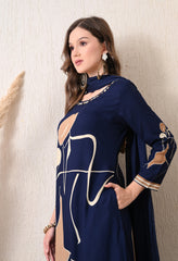 Blue Cotton Modal A-Line Digital Print Suit- Set of 3